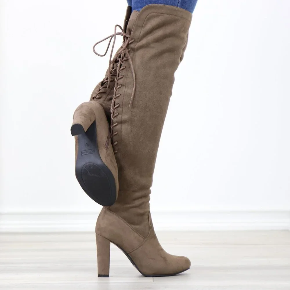 Taupe Faux Suede Over The Knee Lace Up Back Side Zipper High Heel